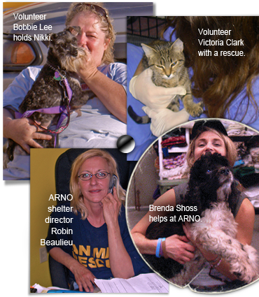 Bobbie Lee, Victoria Clark, shelter manager Robin Beaulieu, and Brenda Shoss caring for rescued animals at ARNO 370x425